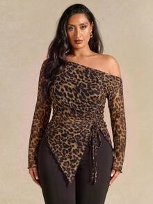 SHEIN BAE Plus Size Women's Leopard Print Asymmetrical Top Fall - Multicolor - View 5