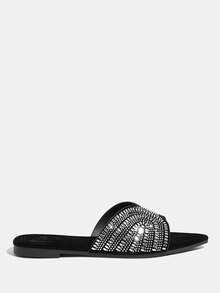 CUCCOO TILAWA New Outdoor Women's Flat Sandals, Black Slippers With Pointed Design And Colorful Sequins, Soft And Comfortable Soles, Suitable For Casual Gatherings - Black (White Diamond) - View 2