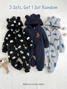 Cozy Pixies Baby Boy Cartoon Bear Pattern 3D Ears Hooded Thermal Lined Medium-Thick One-Piece Long Winter Pants - Multicolor - View 1
