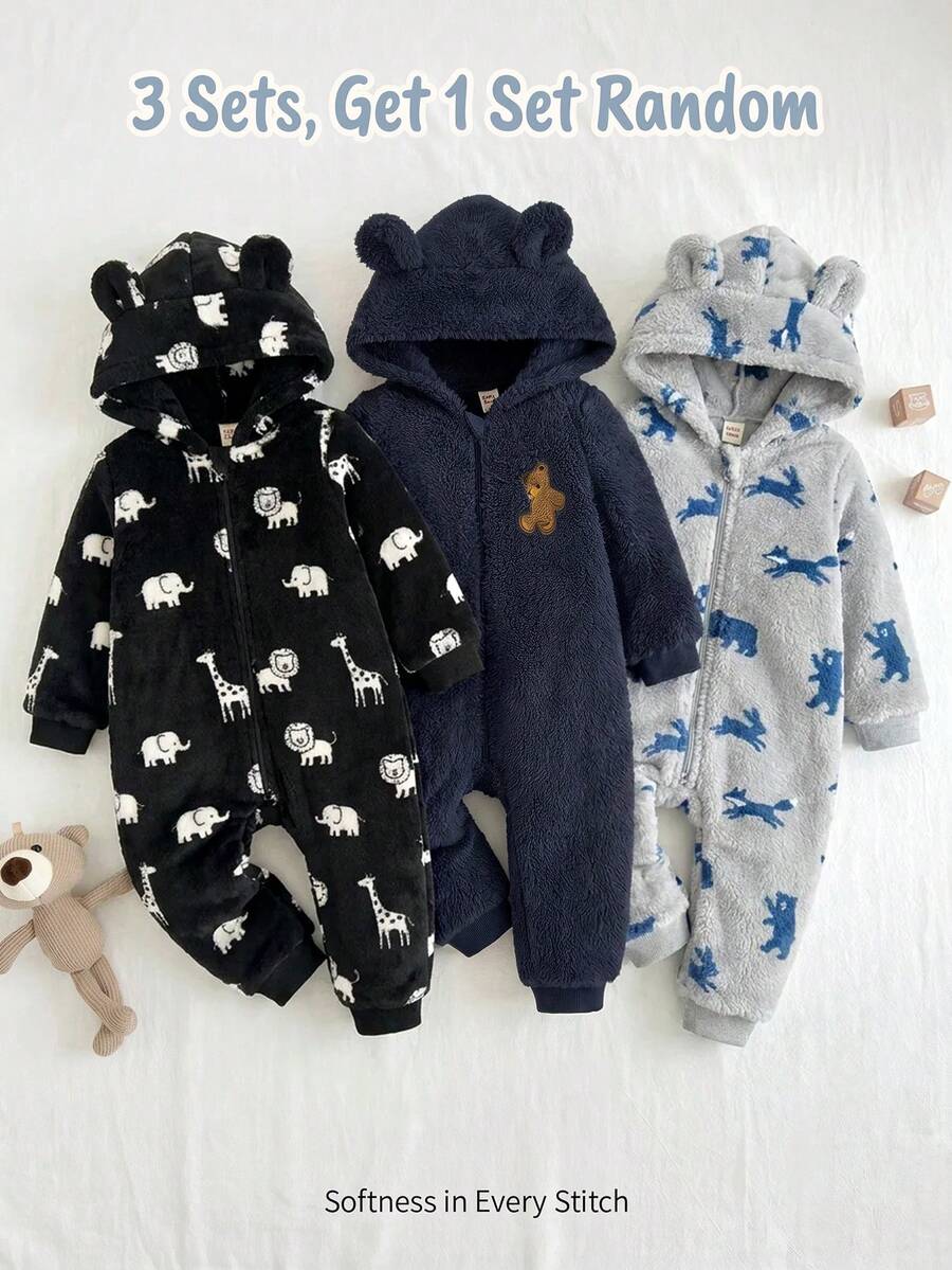 Cozy Pixies Baby Boy Cartoon Bear Pattern 3D Ears Hooded Thermal Lined Medium-Thick One-Piece Long Winter Pants - Multicolor - View 1