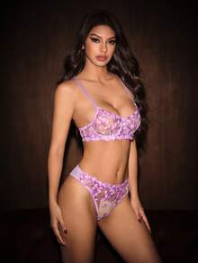 Bella Beso 法式優雅女款性感內衣兩件組，紫色超薄胸罩套裝，情人節情侶約會內衣，甜美浪漫氛圍 - 紫色 - 查看 3