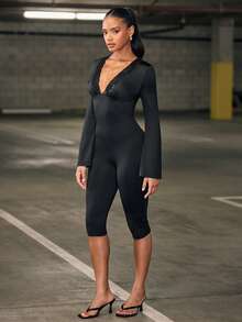 Hauture Women's Sexy Casual Solid Color Lace Panel Deep V-Neck Sexy Long Sleeve Capri Length Jumpsuit - Black - View 4