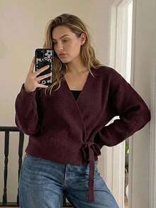 Dazy Plus Brown Casual Asymmetric Placket Lace-Up Design Fun Commute Autumn/Winter Pullover Sweater - Brown - View 5