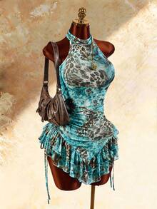 Amplova Women's Leopard Print Halter Neck Sexy Mini Dress With Ruffle Hem - Green - View 4