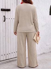 SHEIN LUNE Women's Autumn/Winter New Hot-Selling Textured Fabric Casual Versatile Plus Size 2 Pieces Set - Khaki - View 2