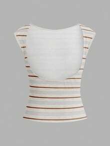 Tseoso Kaos Wanita Lengan Pendek Gaya Minimalis Kasual Warna Abu-abu dengan Motif Garis-Garis Imitasi, Atasan Seksi Tanpa Punggung, Cocok untuk Musim Semi dan Musim Panas, Serbaguna - MultiWarna - View 2