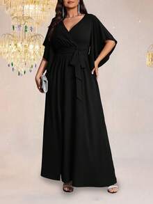 Auvina Plus Size Women's Solid Color Form-Fitting V-Neck Flared Short Sleeve Tie Waist Ruched Slit Elegant Party Maxi Dress - Black - View 6