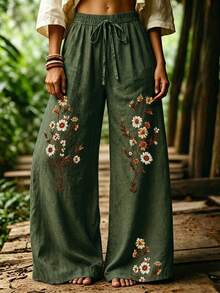 Selamara 波希米亞 Boho 風格綠色花卉雛菊仿刺繡長褲，秋季復古田園高腰鬆緊腰寬鬆垂墜寬腿褲，野餐穿搭 - 彩色 - 查看 5