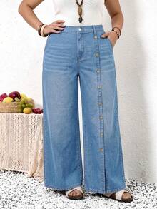 EMERY ROSE EMERY ROSE Plus Size Women's Button Design Pocket Wide Leg Loose Casual Denim Jeans - Light Wash - View 9