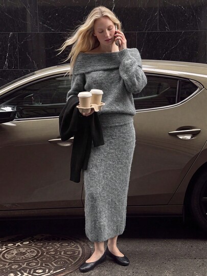 Airaco Women's Off-Shoulder Sweater & Knit Skirt Set