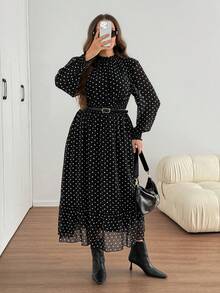 SHEIN LUNE Gaun Liburan Lengan Panjang Motif Polkadot Gaya Prancis Ukuran Plus - Hitam dan Putih - View 2