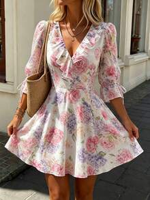 Cévolie French Romantic V-Neck Ruffle Ditsy Floral Dress - Pink - View 5