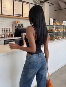 Flirla Women's Minimalist Low-Cut Skinny Bodysuit, Casual Solid Color Versatile Outfit, Spring/Summer - Black - View 2