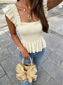 Flora Isola Flora Isola Casual Solid Color Short Flutter Sleeve Blouse With Ruffled Hemline, Perfect For Vacation Peplum Top - Apricot - View 1