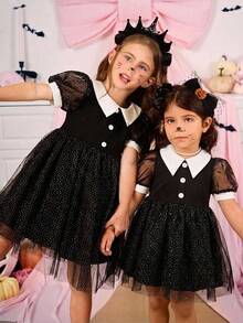 SHEIN Tween女孩百搭舒適童款彼得潘領襯衫，適合秋冬穿著，萬聖節派對黑色與白色優雅哥德風 - 黑色 - 查看 3