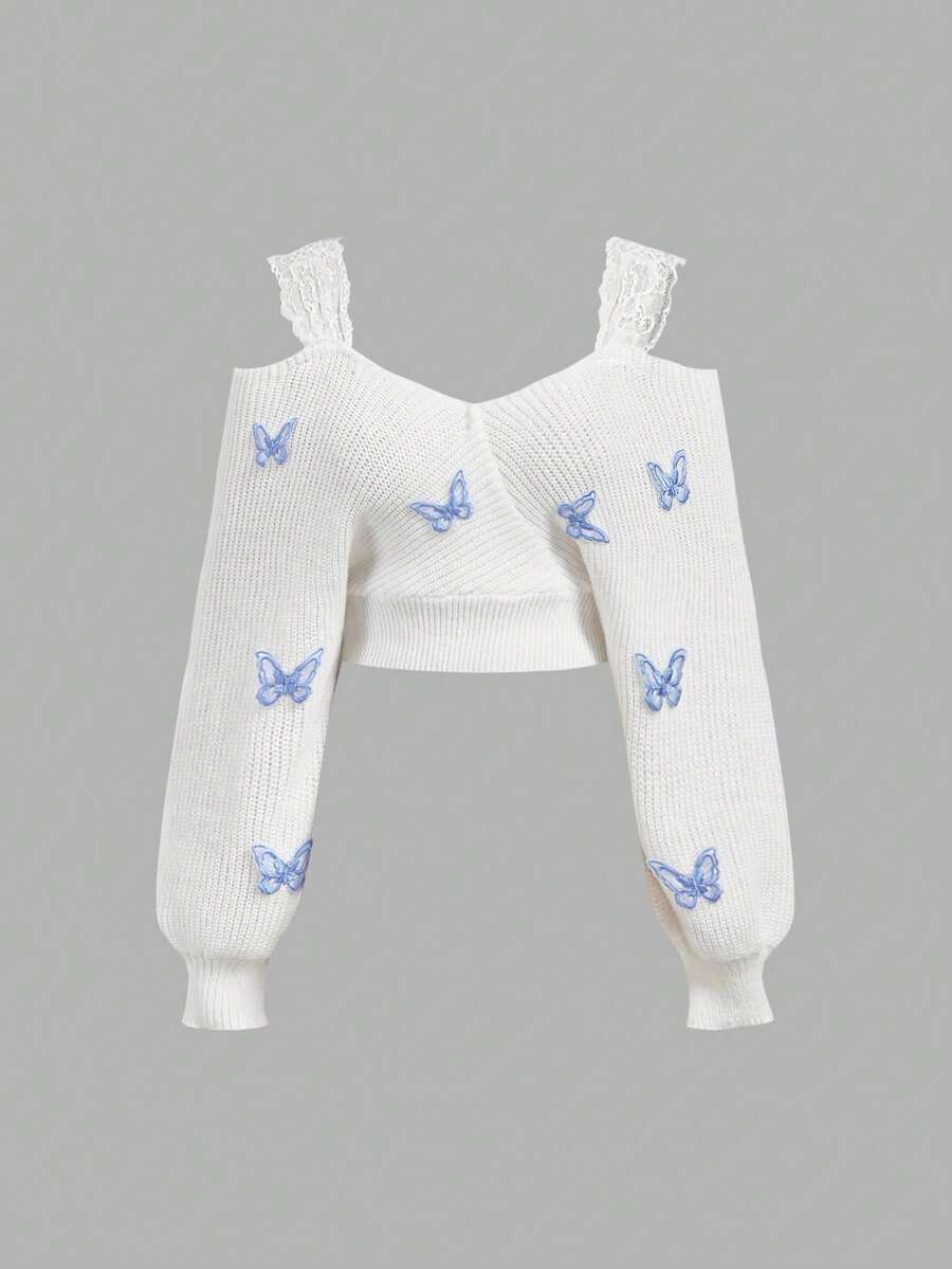 SHEIN MOD Plus Size Women's Butterfly Embroidered Off-Shoulder Long Sleeve Cropped Pullover Sweater - White - View 1