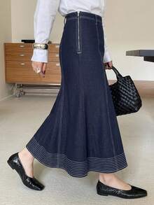 DAZY Women's Long Mermaid Denim Skirt, Vacation Style Autumn Work Everyday Navy Blue French Casual - Dark Wash - View 3