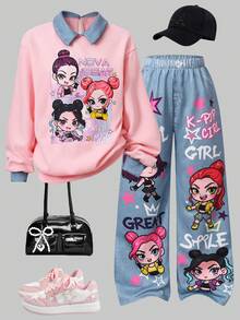 SHEIN Tween女孩 2件/套，適合女孩，活力卡通休閒風，校園日常，春秋套裝，寬鬆，針織，極簡，秋季韓版套頭衫 - 彩色 - 查看 3