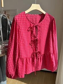 Comfortcana Plus Size Plaid Minimalist Tie-Front Ruffle Hem Blouse Fall - Watermelon Pink - View 5