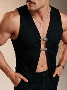 ZURIURI Men's Sexy Vacation Style Slit Tight Metallic Buckle Tank Top - Black - View 4
