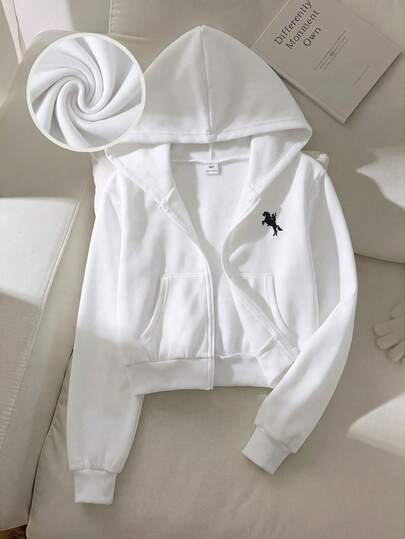 SHEIN Tween Girls Autumn/Winter Knit Kids Polka Dot Loose Casual All- Minimalist Hooded Long Sleeve Sweatshirt Jacket White School