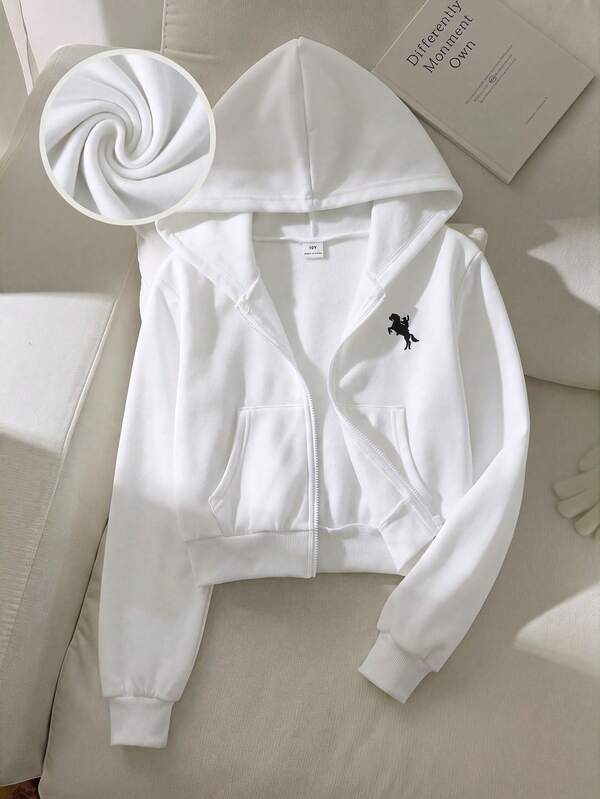 SHEIN Tween Girls Autumn/Winter Knit Polka Dot Loose Casual All- Minimalist Hooded Long Sleeve Sweatshirt Jacket White School