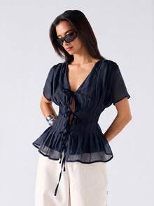SHEIN EZwear 春夏純色領口百褶休閒浪漫優雅性感百搭日常短袖大尺碼襯衫 早午餐約會之夜 海軍藍 - 藏蓝色 - 查看 4