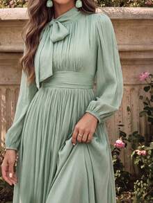 Anewsta Essential Women's Long Dress With Waist Ruffle, Shiny & Elegant Versatile Style, Spring/Autumn - Mint Green - View 6