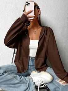 SHEIN EZwear Zip Up Raglan Sleeve Drawstring Hoodie,Long Sleeve Tops In Fall/Winter - Brown - View 3