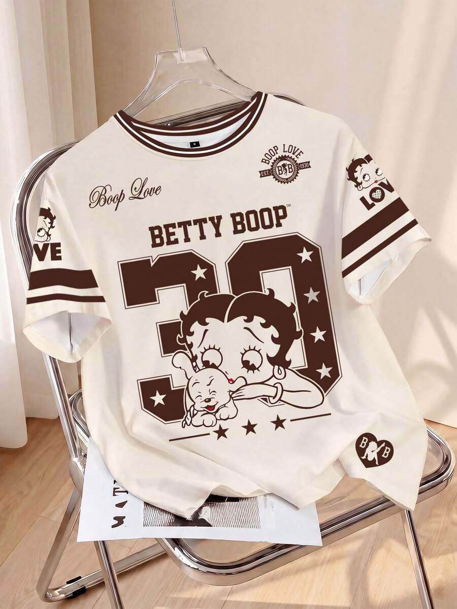 Betty Boop x SHEIN 女款字母印花圓領短袖休閒T恤 - 白色 - 查看 1