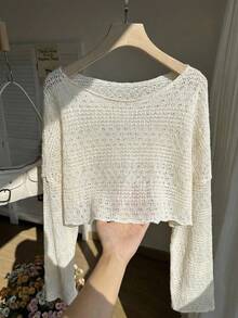 Comfortcana Plus Size Women's Solid Color Casual Cropped Sheer Top Fall - Apricot - View 2