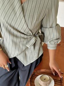 Dazy Plus Fashion Striped V-Neck Asymmetric Placket Tie-Front Long Sleeve Commuter Blouse, Spring/Autumn - Olive Green - View 5