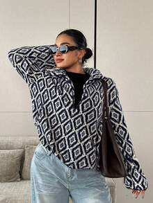 Dazy Plus Vintage Floral Pattern Plus Size Thermal Lined Thick Loose Long Sleeve Pullover Casual Streetwear Autumn/Winter Sweatshirt - Navy Blue - View 3