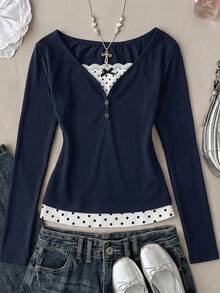 Teen Girl Teen Girls Knitted Royal Blue Patchwork Polka Dot Casual Long Sleeve T-Shirt - Navy Blue - View 3