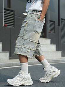 Manfinity EMRG Men's Street Style Casual Multi-Pocket Patchwork Raw Hem Blue Plus Size Cargo Denim Shorts - Light Wash - View 5