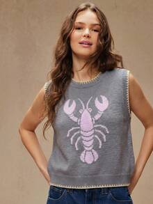 WESTFADE Round Neck Multi-Stitch Summer Lobster Intarsia Knit Vest, Spring Break Vacation Style - Dusty Purple - View 4