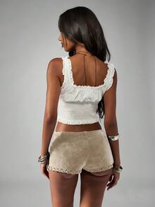MISSGUIDED Distressed Suede Lace-Up Hot Pants Mini Shorts With Grommet Detail Festival Boho Summer - Cream - View 2