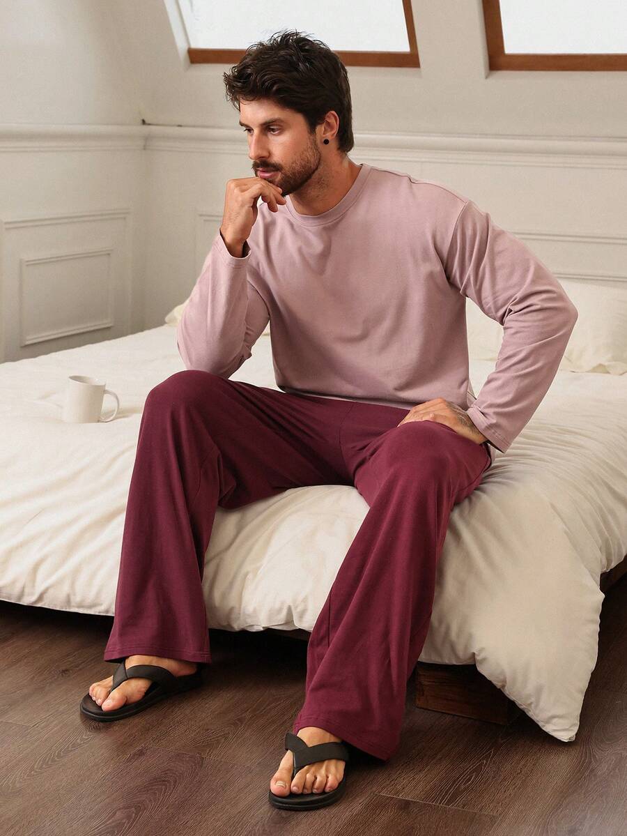 DAZY Spring/Autumn Solid Color Long Sleeve Dark Red T-Shirt With Brown Long Pants Knit Comfortable Fabric Men's Loungewear Set - Multicolor - View 1