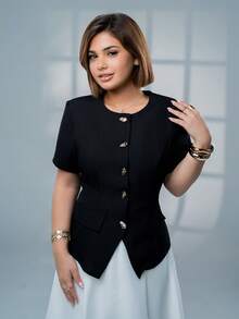 SARA VAULT Metal Button Closure Top & Contrasting Color Flared Skirt Suit Elegant Summer - Black and White - View 4