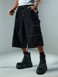 ROMWE MEN Men's Loose Fit Cargo Denim Shorts - Black - View 6