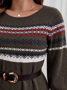 SHEIN Frenchy Plus Size Autumn/Winter Casual Geometric Pattern Knit Dress - Army Green - View 7