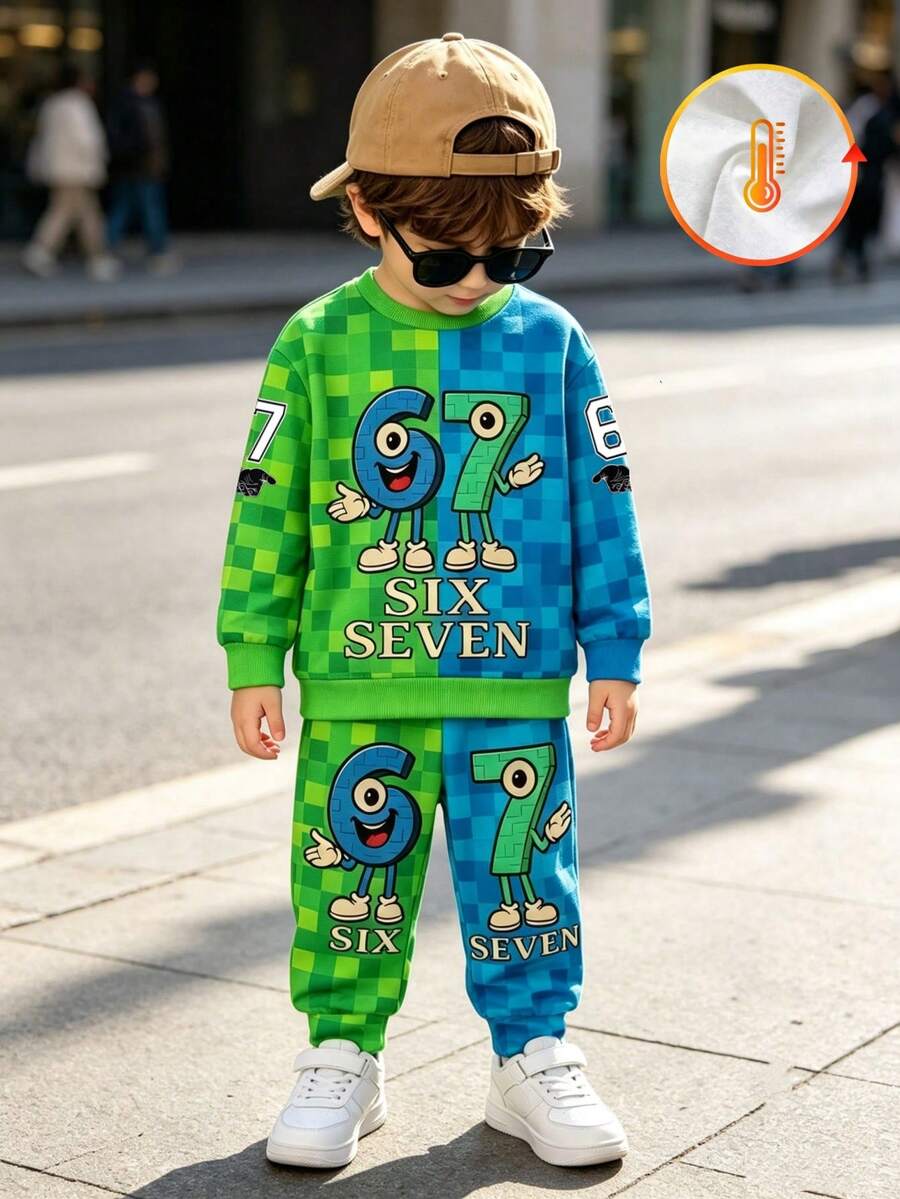 小男孩休閒舒適百搭極簡時尚酷感趣味數字67圓領衛衣與運動長褲套裝,秋冬款,適合日常穿著、活動、聚會、假期、攝影、禮物 - 彩色 - 查看 1