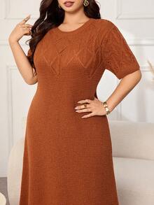 Lacomfia Plus Size Women's Simple Versatile Diamond Argyle Pattern Round Neck Short Sleeve Sweater Dress - Bronze - View 6