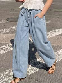 Dazy Plus Light Wash Blue Elastic Waist Drawstring Loose Fit Split Line Slimming Ankle Length Denim Jeans Spring/Autumn New - Light Wash - View 5