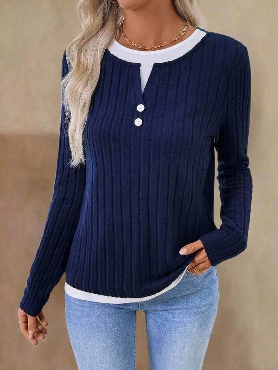 EMERY ROSE Women's Casual Colorblock Patchwork 2 In 1 T-Shirt - Navy Blue - View 1