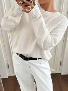 Dazy Plus Solid Color Loose Long Sleeve Crew Neck Casual Old Money Elegant Spring Autumn Pullover Knit Sweater For Women - White - View 1