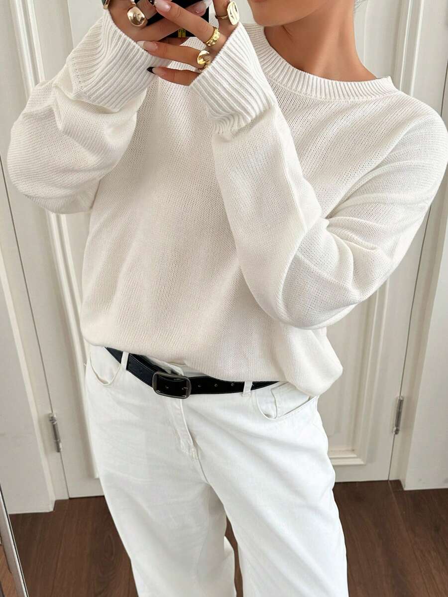 Dazy Plus Solid Color Loose Long Sleeve Crew Neck Casual Old Money Elegant Spring Autumn Pullover Knit Sweater For Women - White - View 1