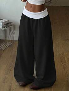 SHEIN Tween Girl Colorblock Casual Versatile Daily Wear Wide Leg Sweatpants - Black - View 1