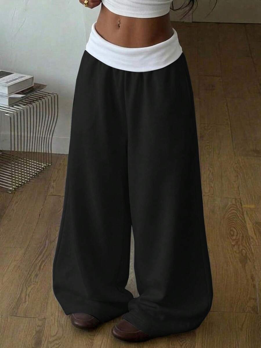 SHEIN Tween Girl Colorblock Casual Versatile Daily Wear Wide Leg Sweatpants - Black - View 1