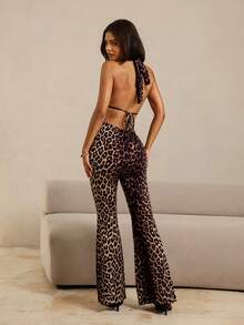HautHeat Women's Leopard Print Casual Daily Wear Home Halter Neck Jumpsuit - Coffee Brown - View 2